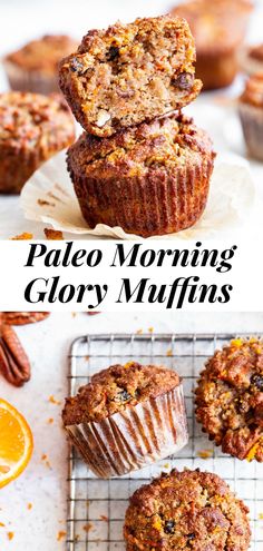 paleo morning glory muffins stacked on top of each other with an orange slice