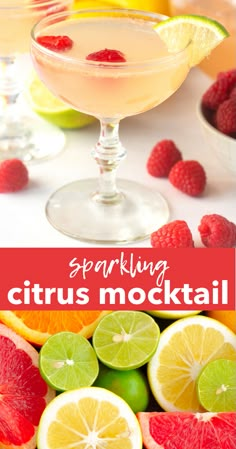 sparkling citrus cocktail with raspberries, limes and lemon slices on the side