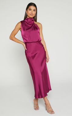 Minnie Midi Dress - Drape Neck Satin Slip Dress in Purple Purple Satin Dress, Basic Black Dress, Bachelorette Dress, Dress Drape, Maxi Dresses Fall, Long Sleeve Dress Formal, White Long Sleeve Dress, Long White Dress, Purple Satin