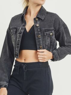 -Cropped denim jacket with ribbed hem -2 front pockets -Raglan sleeves -100% cotton Relaxed Fit Cropped Jacket With Pockets For Streetwear, Dark Wash Button-up Cropped Jacket For Fall, Relaxed Fit Washed Denim Vest For Fall, Relaxed Fit Cotton Denim Vest For Fall, Fall Cropped Jacket In Medium Wash With Pockets, Spring Cotton Outerwear In Washed Black, Dark Wash Button-up Cropped Jacket With Pockets, Casual Washed Cropped Denim Jacket, Fitted Washed Black Cotton Denim Jacket