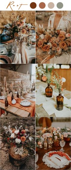 a collage of photos with different flowers and vases on the table in front of them