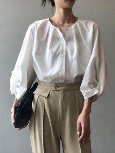 Casual Solid Color Pleated Buttoned Round-Neck Puff Sleeves Blouse - rrdeye Puff Sleeves Blouse, Trench Coat Dress, Hooded Trench Coat, Sleeves Blouse, Boho Style Dresses, Pleated Midi Dress, Long Sleeve Midi Dress, Cozy Fashion, White Blouse