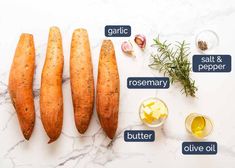 the ingredients for baked sweet potatoes laid out on a marble counter top, including butter, garlic, salt and pepper