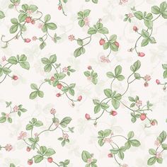 a white wallpaper with green leaves and pink flowers on the bottom half of it