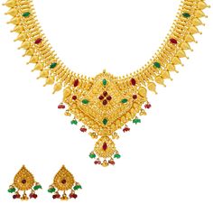 Uniquely elegant, this colorful 22k gold necklace and stud earring set has all the frills and thrills a woman needs to feel beautiful. The rich assortment of gemstones encrusted into the 22k gold frame of the necklace and earrings creates a vibrant contrast. If you're looking for traditional indian gold jewelry that has the power to bring an air of cultural sophistication to your bridal or formal gown for a special occasion, then look no further than this marvelous gold jewelry set. Features • 2 Festive Multicolor 22k Gold Bridal Necklace, Diwali Bridal Necklace In Yellow Gold With 17 Jewels, 22k Gold Bollywood Necklace As Gift, Multicolor 22k Gold Temple Necklace For Festivals, Bollywood Yellow Gold Jewelry For Diwali, Bollywood Style 22k Gold Necklace As A Gift, Bollywood Style Yellow Gold Jewelry For Diwali, Bollywood Style 22k Gold Necklace, Multicolor 22k Gold Necklace For Diwali