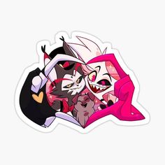 two cartoon characters hugging each other with their eyes closed and mouths wide open sticker