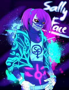 an anime character with purple hair and blue eyes, wearing a black shirt that says sully face