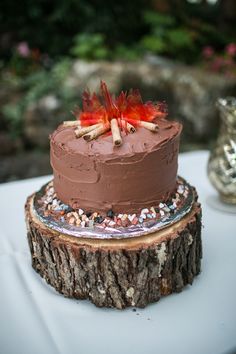 a chocolate cake sitting on top of a tree stump