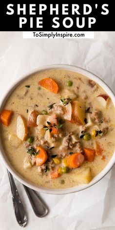 a bowl of soup with carrots, potatoes and meat in it next to two spoons