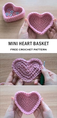 crocheted mini heart basket is shown with instructions to make it in the shape of a heart