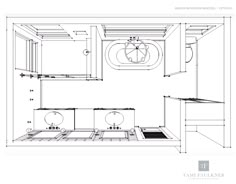 a drawing of a bathroom with two toilets and a sink in the middle of it