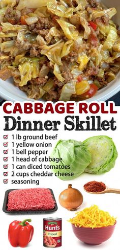 an advertisement for cabbage roll dinner skillet with pictures of ingredients and instructions to make it