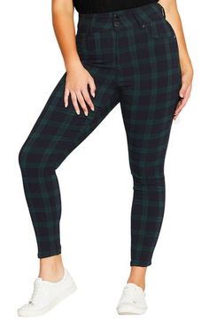 Channel your inner grunge style in this pair of skinny jeans that feature a bold check design. Zip fly with button closure Five-pocket style 75% viscose, 22% polyester, 3% elastane Machine wash, line dry Imported Women's Clothing Punk Plaid Leggings, Cheque Design, Jeans Online, City Chic, Trendy Plus Size, Grunge Fashion, Pajama Pants, Black Jeans, Nordstrom