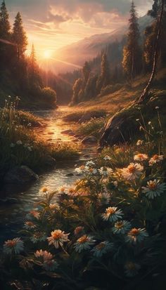 a painting of the sun setting over a mountain stream with daisies in the foreground