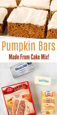 pumpkin bars made from cake mix with white frosting on top and in the middle