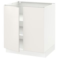 a white cabinet with two doors and shelves on both sides is shown in front of a white background