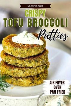 crispy tofu broccoli patties on a white plate with ranch dressing