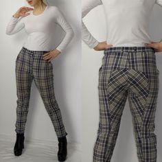 Epplejeck Equestrian Horse Riding Vintage Plaid Pants Breeches  Size on the label: n/a (please check the measurements to make sure it will fit you). Model in the photos is size 8UK/4US; 164 cm/5'5'' Measurements, flat / approximate measurements: Waist: 39 cm (15.35'') - 45 cm (17.71'') Hips: 50 cm x2 (19.68'' x2) Overall length: 90 cm (35.43'') Inseam: 67 cm (26.37'') Material: n/a. Good Vintage condition: a couple of light spots, the pockets are very worn / a bit broken.  Look at all the photos Casual Fitted Straight Leg Breeches, Casual Fitted Breeches For Workwear, Full Length Workwear Breeches With Pockets, Fitted Full-length Workwear Breeches, Fitted Tapered Leg Breeches For Workwear, Fitted Breeches With Tapered Leg For Work, Fitted Full-length Breeches For Workwear, Fitted Tapered Leg Breeches With Belt Loops, Fitted Full Length Workwear Breeches