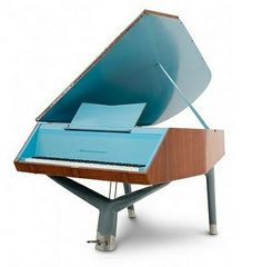 a blue piano sitting on top of a metal stand with a sheet of paper sticking out of it