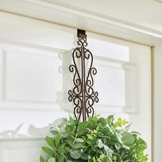 a potted plant sitting on top of a wooden table next to a white door