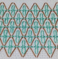 a close up view of the stitching on a piece of fabric with green and brown thread