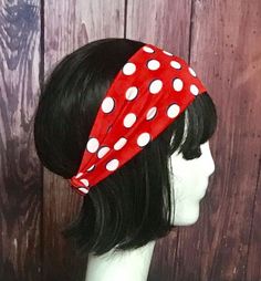 Wide Vintage Lycra Red Polka Dot headband 4" wide with 1" elastic band. Fits up to 22" head size Adjustable Red Bandana Headband, Retro Adjustable Headband For Spring, Retro Adjustable Spring Headband, Adjustable Red Headband For Spring, Adjustable Red Headband For Summer, Red Adjustable Headband, Adjustable Retro Bandana Headband, Polka Dot Headband, Knit Headband