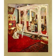 a painting of a living room with red carpet and white furniture in front of a large mirror