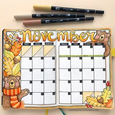 Autumn bullet journal spread! November monthly bujo layout in my Scribbles that Matter dot grid journal. #bulletjournal #bujo Autumn Bullet Journal, Grid Journal, Grid Journals, Dot Grid Journal, Bullet Journal Aesthetic, Bullet Journal Notebook, Bullet Journal School