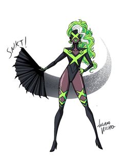 a drawing of a woman dressed in black and green