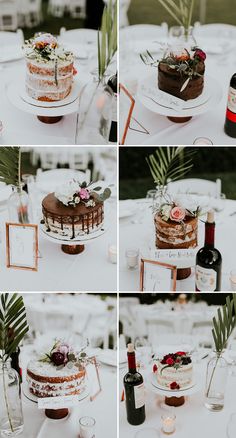 several shots of different cakes and wine on a table