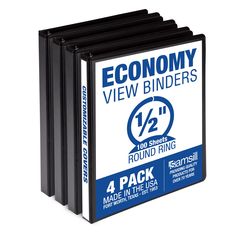 four black binders are stacked on top of each other with the words economy view binders