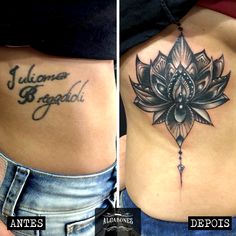 before and after photos of a woman's lower back tattoo