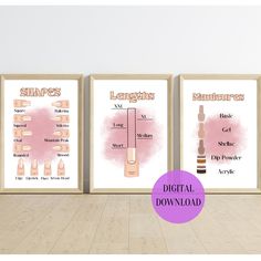 three framed posters with different types of shapes and sizes on them, one is pink the other has brown