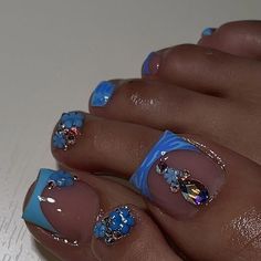 Baby Blue Toes Nails, Blue Acrylic Toe Nails, Blue Acrylic Toes, Blue Toes Nails, Gel Nails Art Designs, Blue Toe Nail Designs, Blue Pedicure Ideas, Acrylic Toe Designs, Toes Acrylic Toenails