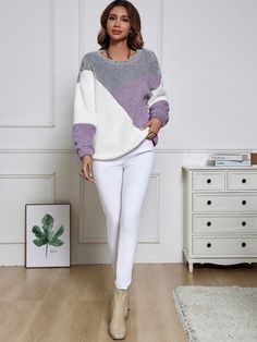 Elevate your casual wardrobe with our Cozy Chic sweatshirt. Made with plush materials, this sweatshirt features a color block design and drop shoulder style for added comfort. Perfect for staying cozy and stylish on cool days. Color : Purple Style : Casual Pattern Type : Colorblock Type : Pullovers Neckline : Round Neck Sleeve Length : Long Sleeve Sleeve Type : Drop Shoulder Length : Regular Fit Type : Loose Features : Warming Fabric : Non-Stretch Material : Knitted Fabric Composition : 100% Pol Trendy White Patchwork Sweatshirt, Cozy White Color Block Sweater, White Color Block Sweatshirt For Loungewear, Fall Sweatshirt With Long Sleeves And Matching Colors, Color Matching Long Sleeve Sweatshirt For Fall, White Tops With Contrast Color For Loungewear, White Contrast Color Top For Loungewear, White Sweatshirt With Contrast Color For Fall, Color Block Long Sleeve Fleece Top