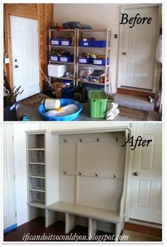 before and after photos of a mudroom with built - in storage units, including an entryway