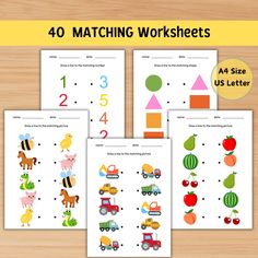 four matching worksheets for children to learn numbers and counting them on the same page