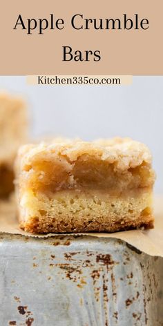 an apple crumble bar is cut in half and stacked on top of each other