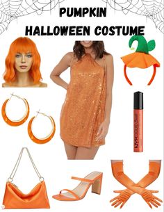 a woman in an orange dress and accessories with the words pumpkin halloween costume on it