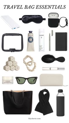 the contents of a travel bag that includes sunglasses, hairbrushes and other items