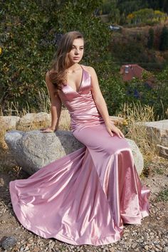 Pink Mermaid Hem Evening Dress With Sweep Train, Pink Mermaid Hem Homecoming Dress, Pink Mermaid Hem Dress For Homecoming, V-neck Mermaid Dress With Fitted Bodice For Prom, Fitted Pink Mermaid Dress For Homecoming, Elegant Pink Mermaid Dress For Homecoming, Pink Mermaid Dress With Sweep Train For Prom, Pink V-neck Maxi Dress For Prom Season, Pink Mermaid Hem Prom Dress