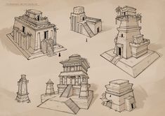 sketches of ancient buildings and structures