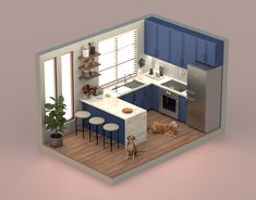 a dog standing in the middle of a kitchen with blue cabinets and counter tops,