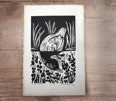 a black and white drawing of a duck in the water with reeds on it's side