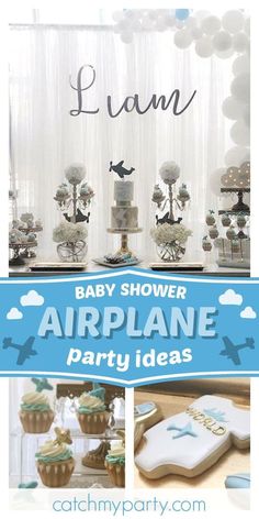 an airplane themed baby shower party with cupcakes and cookies