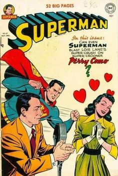 an old comic book cover with superman being hugged by two women and one man holding a microphone