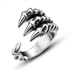 Edgy Silver Rings For Streetwear, Silver Punk Claw Rings, Silver Punk Rings For Streetwear, Biker Rings Mens, Dragon Wolf, Gothic Engagement Ring, Mens Stainless Steel Rings, Claw Ring, Dragon Claw