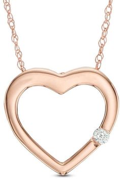 Zales Diamond Accent Solitaire Heart Pendant in 10K Rose Gold Rose Gold Diamond Heart Pendant Necklace, Rose Gold Heart Necklace With Diamond Accents, Rose Gold Heart Cut Fine Jewelry Necklace, Rose Gold Diamond Cut Heart Pendant Necklace, Rose Gold Diamond Heart Necklace With Charm, Rose Gold Diamond Open Heart Necklace, Rose Gold Diamond Cut Heart Necklace For Valentine's Day, Rose Gold Open Heart Diamond Necklace, Valentine's Day Heart Necklace With Single Diamond