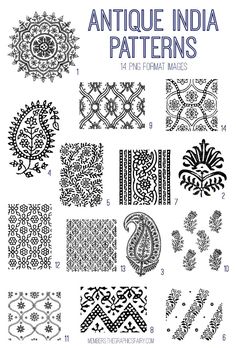 an image of antique india patterns in black and white, with the text below it