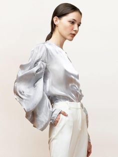 Ortensia - Satin, Going Out Top With Draped Sleeves - Silver Full Body